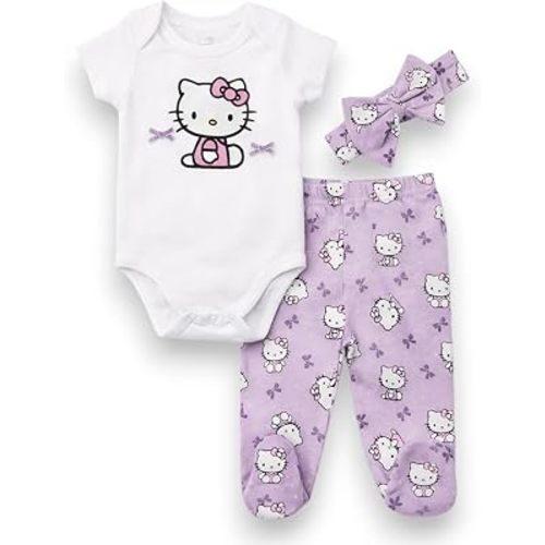 Hello Kitty Baby Girls 3-Piece Footie Set, Short Sleeve Onesie Bodysuit, Footed Pants - White 3M