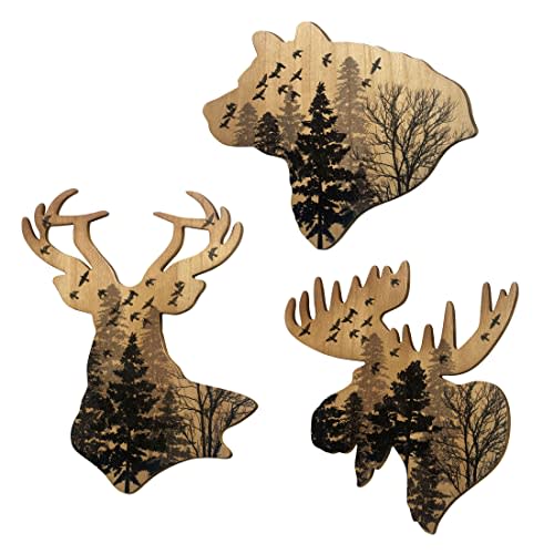 WAIU 3 Pack Woodland Wildlife Wood Wall Decor, Rustic Cottage Animal Hanging Wall Art