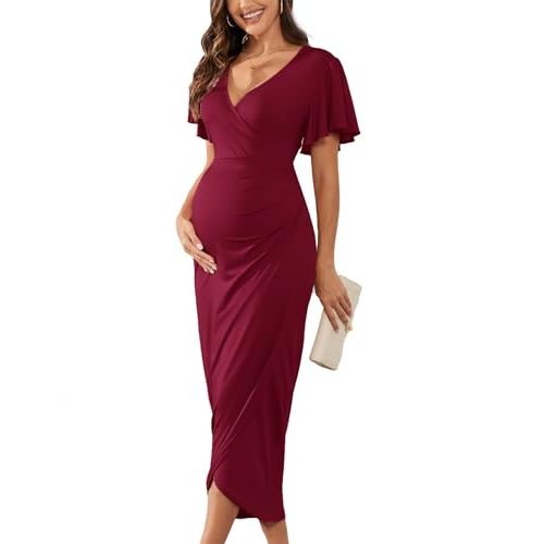 AISWI 2025 Womens Maternity Wrap Dress V Neck Ruffle Sleeves Semi Formal Baby Shower Photoshoot Party Cocktail Pregnancy