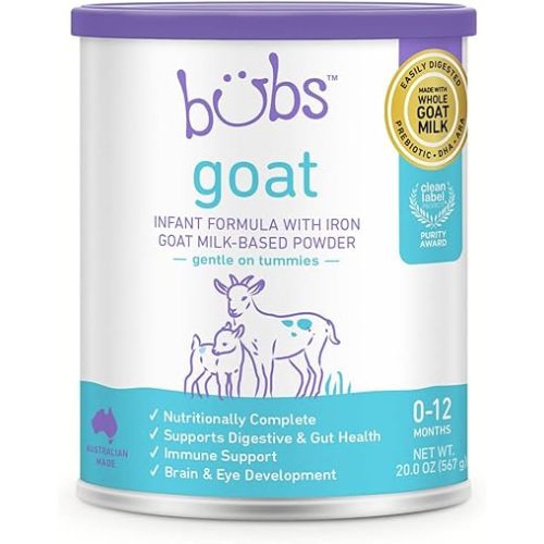 Bubs Whole Goat Milk Formula with Iron, Goat Milk-Based Powder, for Infants 0-12 Months, Made with Non-GMO Goat Milk, 20 oz