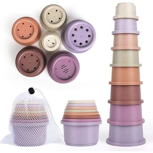 Baby Stacking Cup for Toddler 1-3, 8PCS Counting Nesting Measuring Set, Stackable Bath Toy for 6-12 Months Kids, Educational Montessori Gift for Boys and Girls, Natural Sugarcane Container for Rabbits