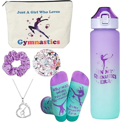 Gymnastics Gifts for Girls - Gymnastics Water Bottle, Cosmetic Bag, Necklace, Scrunchie, Socks, 50 Pcs Stickers - Gymnastics Party Favors for Girls, Birthday Gifts for Gymnastics Lovers