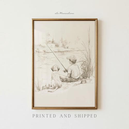 Boy Fishing with Dog Wall Art, Fishing Nursery Decor, Little Fisherman Gift, Boy and Dog Print, Lake House Decor, Outdoor Adventure Wall Art