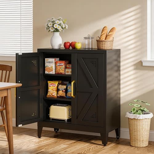 Short Storage Cabinet with 2 Doors and Adjustable Shelves, Black