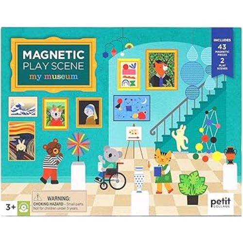 Petit Collage: My Museum Magnetic Play Scene - Fill The Museum with Iconic Art Pieces and Take Your Animal Friends on a Tour- Includes 2 Play Scenes and Over 40 Play Pieces - Great Travel Activity