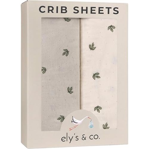 Ely’s & Co. Crib Sheets Baby Girl/Boy Fitted Crib Mattress Sheet Set, 2 Pack, 100% Jersey Knit Cotton, Infant and Toddler Nursery Bedding, Neutral Taupe and Cream with Sage Vintage Print, 28” x 52”