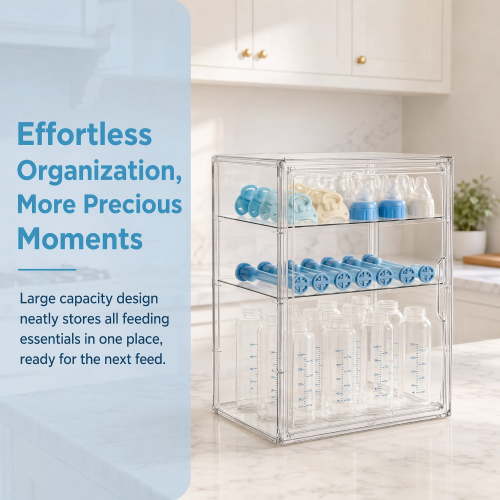 3-Tier Adjustable Clear Acrylic Baby Bottle Storage Organizer with Magnetic Door and 2 Removable Dividers, Large Countertop & Cabinet Container