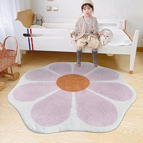 Flower Shaped Round Area Rug,Washable Round Soft Floral Area Rugs for Living Room Girls Bedroom Fluffy Circle Nonslip Circular Indoor Floor Mat for Entryway Kitchen-31.5" Round,Pink