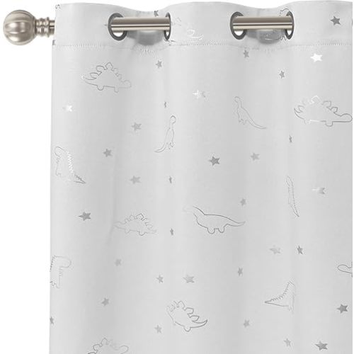 LORDTEX Dinosaur and Star Foil Print Blackout Curtains for Kids Room - Thermal Insulated Curtains Noise Reducing Window Drapes for Boys and Girls Bedroom, 42 x 63 Inch, White, Set of 2 Panels