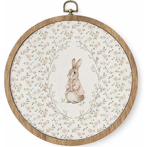 HYKDFMNCJ Pink Easter Bunny Floral Round Framed Wall Art, Cottagecore Spring Rose Flower Rabbit Wall Hanging Canvas Prints Artwork Decorations for Girls Room Nursery Home, 10x10 Inch