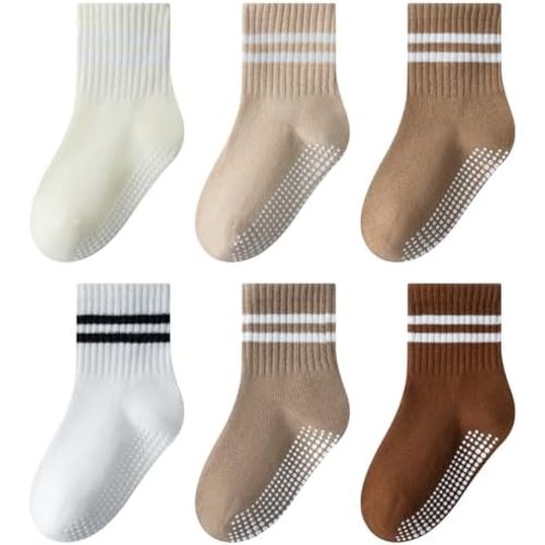 Toddler Non-Slip Socks,Unisex Baby Grip Crew Seamless Cotton Socks with Retro Stripe for Boys Girls Kids 6 Pairs