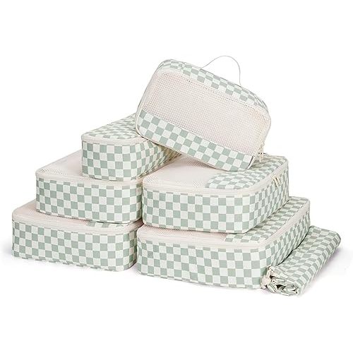 Narwey 7 Set Checkered Packing Cubes for Travel Carry on Suitcase Luggage Organizer Bags for Kids Women Men, Durable Packing Organizers Bag, Travel Essentials Accessories (Mint Green Checkerboard)