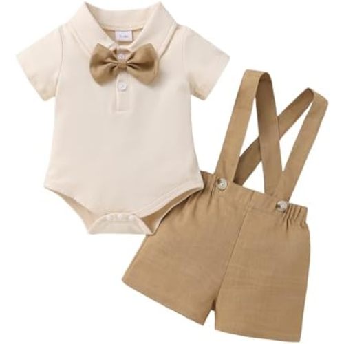 Happy Town Baby Boy Clothes Suits Infant Gentleman Wedding Outfit Dress Shirt Bowtie and Suspenders Shorts Set