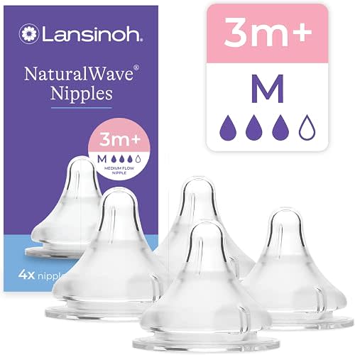 Lansinoh NaturalWave Baby Bottle Nipples, Medium Flow (M), 4 Count