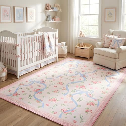 GarveeHome Pink and Blue Rugs for Bedroom Girls, 4x6 Rug for Living Room | Non Slip Floral Bow Washable Area Rug for Nursery Kids College Dorm Playroom Kitchen with Soft Low Pile Decor Cute Carpet