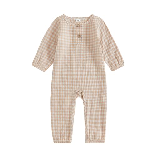 Baby Boy Girl Gingham Jumpsuit Long Sleeve Plaid Romper Button Playsuit Unisex Fall Casual One Piece Outfit