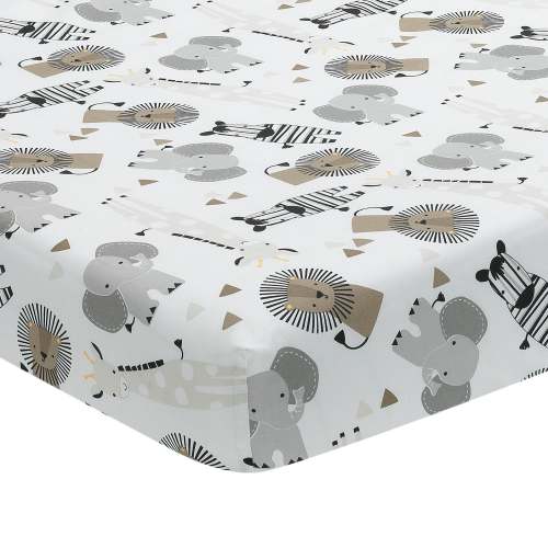 Jungle Safari 100% Cotton White/Gray Elephant/Lion Fitted Crib Sheet – Lambs & Ivy