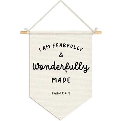 Wheatwin Christian Nursery Decor, I Am Fearfully and Wonderfully Made Wall Hanging Pennant Flag Banner, Bible Verse Wall Decor for Kids Nursery Toddler Room Bedroom Playroom 15x11 Inch