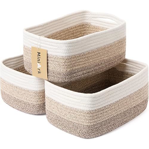 Small Storage Baskets for Organizing | Closet Organizer Bins | Shelf Toy Basket | Woven Rope Baskets | Cube Decorative Box | Shallow Basket | 13x8.5x5.1” | 3 Packs Gradient Brown