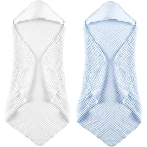 MUKIN Baby Hooded Towels, Muslin Cotton, 2-Pack, for Newborn, Infant, Toddler and Kids (White,Blue)