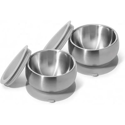 Avanchy Stainless Steel Baby Suction Bowls with Lids, 2 Pack, Gray