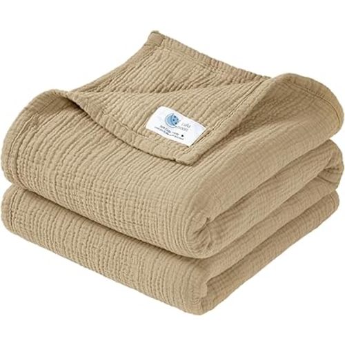 lulumoon Muslin Baby Blanket Neutral: 100% Cotton Crib Blanket for Toddler & Infant - 4-Layers Breathable for Travel Stroller & Nursery Daycare 47"x47"(Khaki)