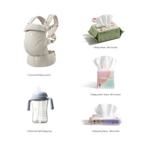 Bc Babycare Baby Shower Gift Set Soft Carrier, Wipes Essentials and Sippy Cup, From Newborn to Toddler Beige Carrier & Blue Cup