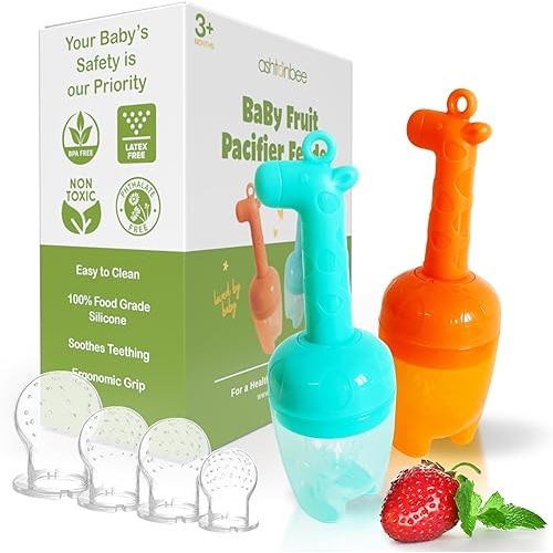 Baby Fruit Feeder, Teething Pacifier for Fruits, Veggies, or Frozen Milk, Food-Grade Silicone Teethers for Babies 6-12 Months, Baby Essentials for Teething Relief - Mango Orange and Berry Blue