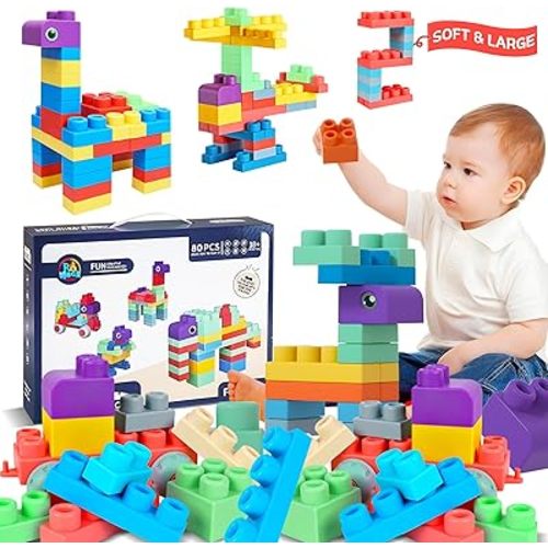 Baby Soft Blocks Set, Big Building Block Toys, Soft Rubber Blocks for Babies 6 Months and Up STEM Educational Toddler Gifts, Baby Soft Blocks Sensory Stacking Toys, 80PCS