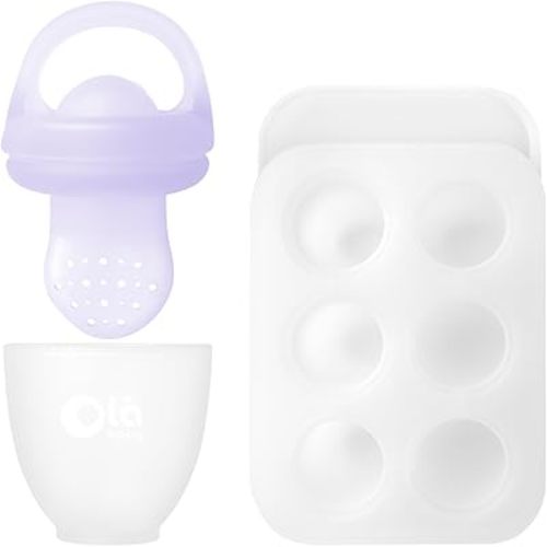 Olababy Silicone Food Feeder & Popsicle Set for Solid Food Introduction | Cooling Relief BPA Free Freezer Tray Combo for Fruit, Frozen Breastmilk, Puree, Smoothies for Infants, Babies