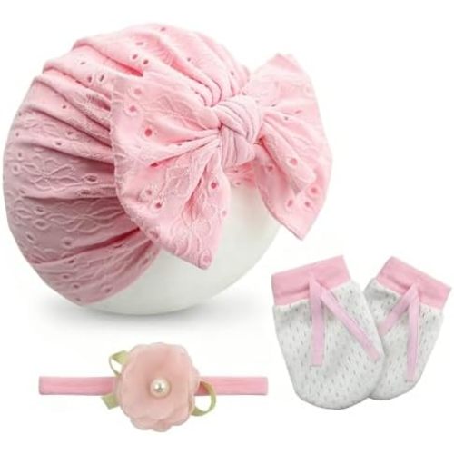 3PCS Baby Bow Turban Hats, Mittens & Flower Headband Set, Ultra-Soft Breathable, No-Scratch Baby Mittens, Newborn Essentials