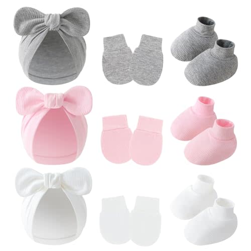 9 Pieces Newborn Baby Hat No Scratch Mittens and Socks Set Cotton Infant Hair Bow Turban Beanie Cap