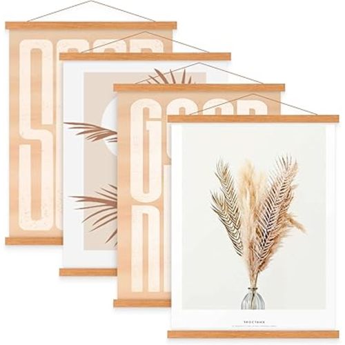 4 Pack 8x10 8x12 8x18 Poster Frame, Magnetic Light Wood Frame Hanger for Photo Picutre Canvas Artwork Art Print Wall Hanging (4 Packs, 8", Teak Color)