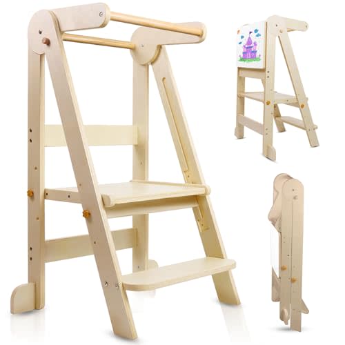 Foldable Toddler Kitchen Tower Step Stool, Standing Tower with Whiteboard, Toddler Kitchen Stool Helper with 3 Adjustable Height, Montessori Learning Stool Tower for Kids 1-6 Years, Natural