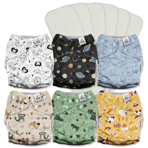Mama Koala 3.0 Cloth Diapers for Babies with AWJ Lining, 6 Pack with 6 5-Layer Natural Cloth Diaper Inserts - Reusable and Washable Pocket Diapers(A-Dinosaurs and Farm)
