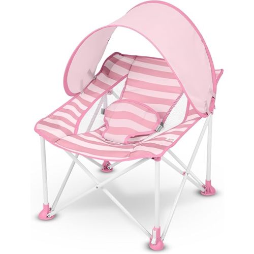 Bright Starts Pop ’N Chill Baby Chair Travel Seat, Indoor/Outdoor Use, Portable Infant Seat with Removable UPF 50+ Canopy, Pink, 0-6 Months