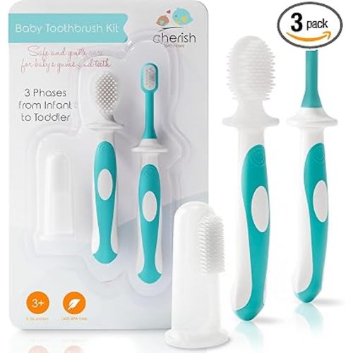 Cherish Baby Care Baby Toothbrush & Toddler Toothbrush Set (0-2 Years) - BPA-Free & Safety-Tested, 2023 Award Winner, Food-Grade Silicone (Teal)