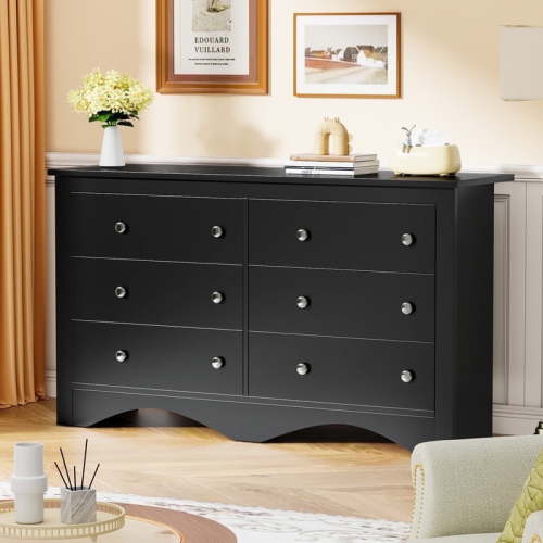 Homall 6 Drawer Double Dresser Equipped with an Anti-Toppling Device, Modern Wood Chest of Drawer for Living Room Bedroom,Black