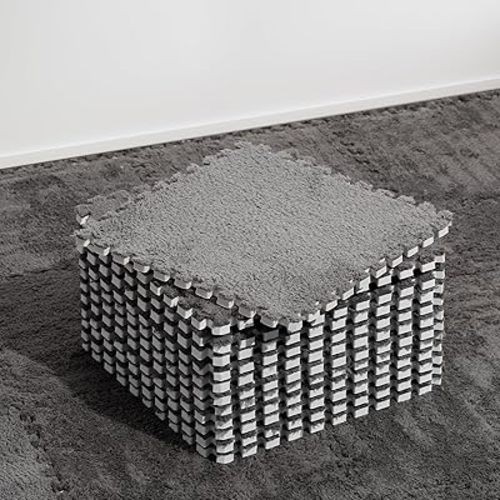 12 Pcs Plush Interlocking Carpet Tiles, Non-Toxic Shaggy Foam Carpet Tile for Toddler Baby, Machine-Washable, Anti-Slip, EVA Foam Interlocking Tiles for Floor, Nursery, Playroom, Grey