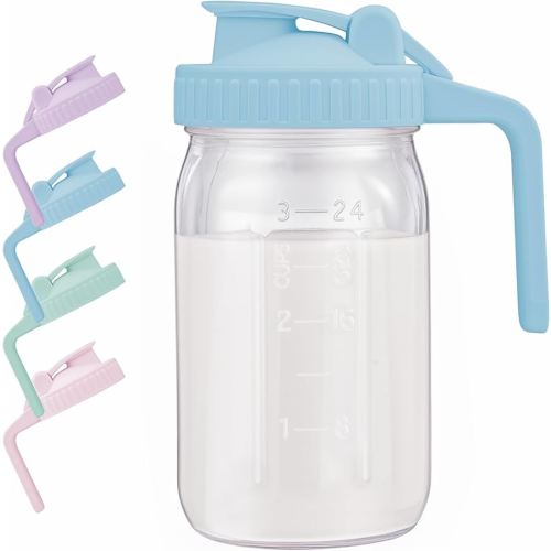 Breast Milk Pitcher with Leak Proof Flip Cap & Pour Spout, 32 oz Wide Mouth Mason Jars for Breast Milk Storage Container, Glass Picther with Lid for Cold Brew Coffee, Sun Tea, Juices, Blue
