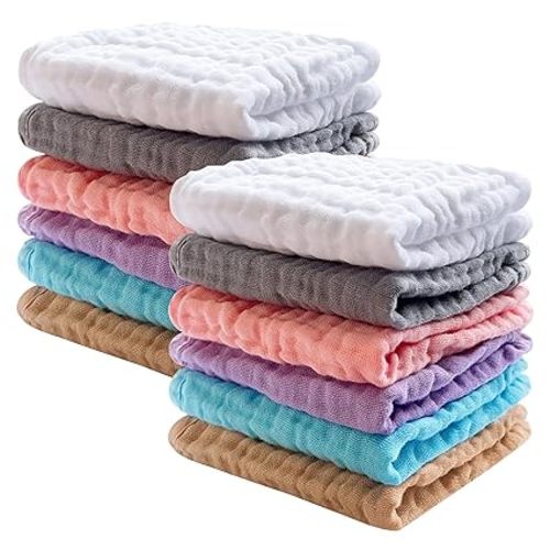 SWEET DOLPHIN 12 Pack Baby Muslin Washcloths - Soft Face Cloths for Newborn, Absorbent Bath Wash Cloths, Wipes, Burp Rag - Toddlers Essentials Stuff, Baby Registry as Shower -10"x10", Multicolor