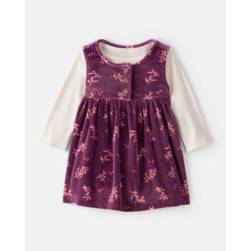 Baby Girl Flowers Print Velour Sleeveless Dress Set - Purple