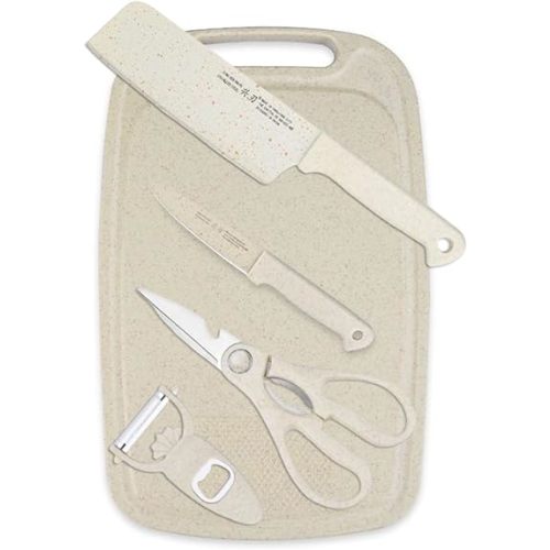 5 in 1 Mini Knife and Cutting Board Set, Small Cutting Board Camping Cutting Board Cutting Board Scissors, Smart Cutting Board and Knife Set, Dorm Kitchen Essentials Travel Knife Set (Wheaten)