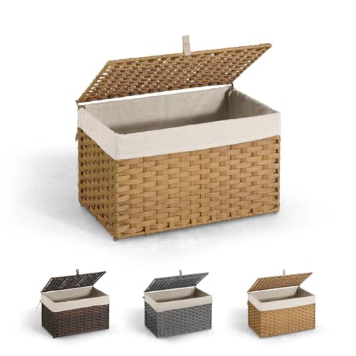 CAPHAUS Handwoven Storage Basket w/ Lid & Handles, 2 Removable Liner Bags, Foldable Clothes Basket for Laundry, Large Synthetic Rattan Laundry Basket, 65L, Natural