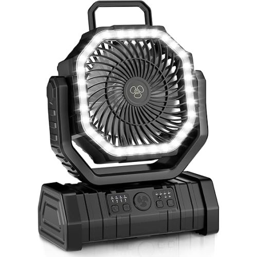 Portable Fan Rechargeable, 20000mAh Cordless Battery Powered Camping Fan with LED Light & Remote, 4 Speeds Wind, Timer, USB C, 360° Hanging Hook, Oscillating Fans for Travel Tent, Camping Essentials