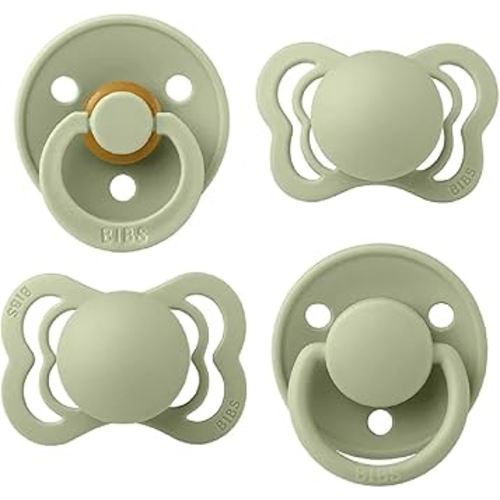 BIBS Try-It Collection | 4-Pack Soothers | BPA-Free Round, Anatomical & Symmetrical Nipple | Natural Rubber Latex/Silicone | Made in Denmark | 0-6 Months | Sage