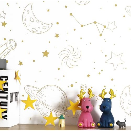 GloryTik Peel and Stick Wallpaper White and Gold Contact Paper Modern Waterproof Self Adhesive Wall Paper for Bedroom Cabinet Star/Moon Kids Wallpaper Vinyl Rolls 16.14"x393"