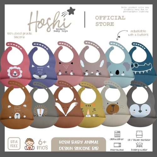 Hoshi Baby Premium Silicone Printed Animal Bib, 100% Food Grade Silicone BPA Free Infant Toddler 6M+