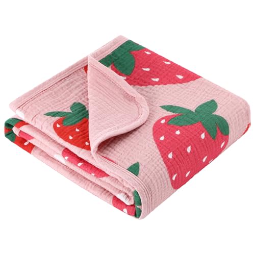 Breling Pink Strawberry Muslin Baby Blanket for Girl Boy 40x36 Inch | 100% Cotton Breathable Swaddle Blanket, Machine Washable, Soft Lightweight, for Infant Toddler Nursery Crib