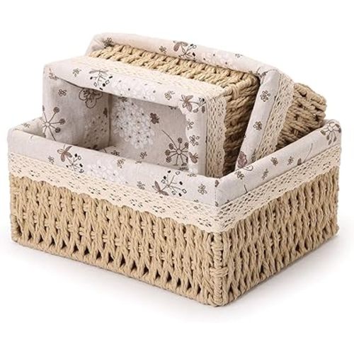 Wicker Baskets Set, 3 Pcs Shelf Small Basket Handmade Woven Storage Bins with Removable Liner,Sturdy Decorative Storage Box for Bathroom,Kitchen